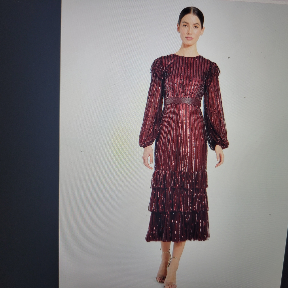 Mac Duggal Burgundy Long Sleeve Sequin Dress
